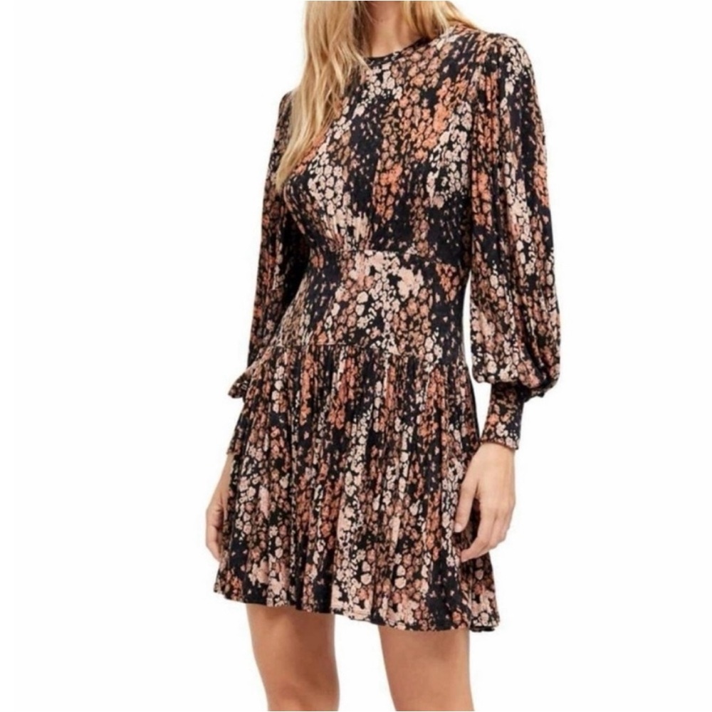 Free People Black Floral Mini Dress with Brown and Cream Accents - Picture 4 of 11
